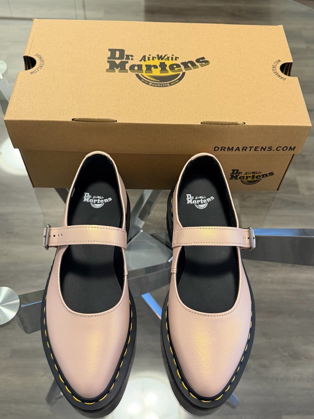 Dr. Martens’ Pink Leather Mary Janes’ w/ Yellow Stitching